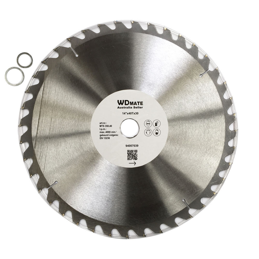 A 2x Wood Cutting Circular Saw Blade 350mm 40T TCT 14" Cross 30mm Timber Sharp ATB with a central white label displaying "WDMATE Australia Seller." The blade, designed for general purpose wood cutting, has evenly spaced teeth around its edge. Two small metal rings are placed to the left of the blade. The label includes various specifications and a QR code.