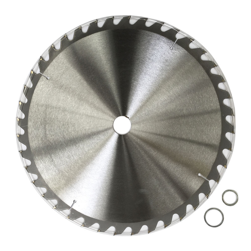 A 2x Wood Cutting Circular Saw Blade 350mm 40T TCT 14" Cross 30mm Timber Sharp ATB with a central white label displaying "WDMATE Australia Seller." The blade, designed for general purpose wood cutting, has evenly spaced teeth around its edge. Two small metal rings are placed to the left of the blade. The label includes various specifications and a QR code.