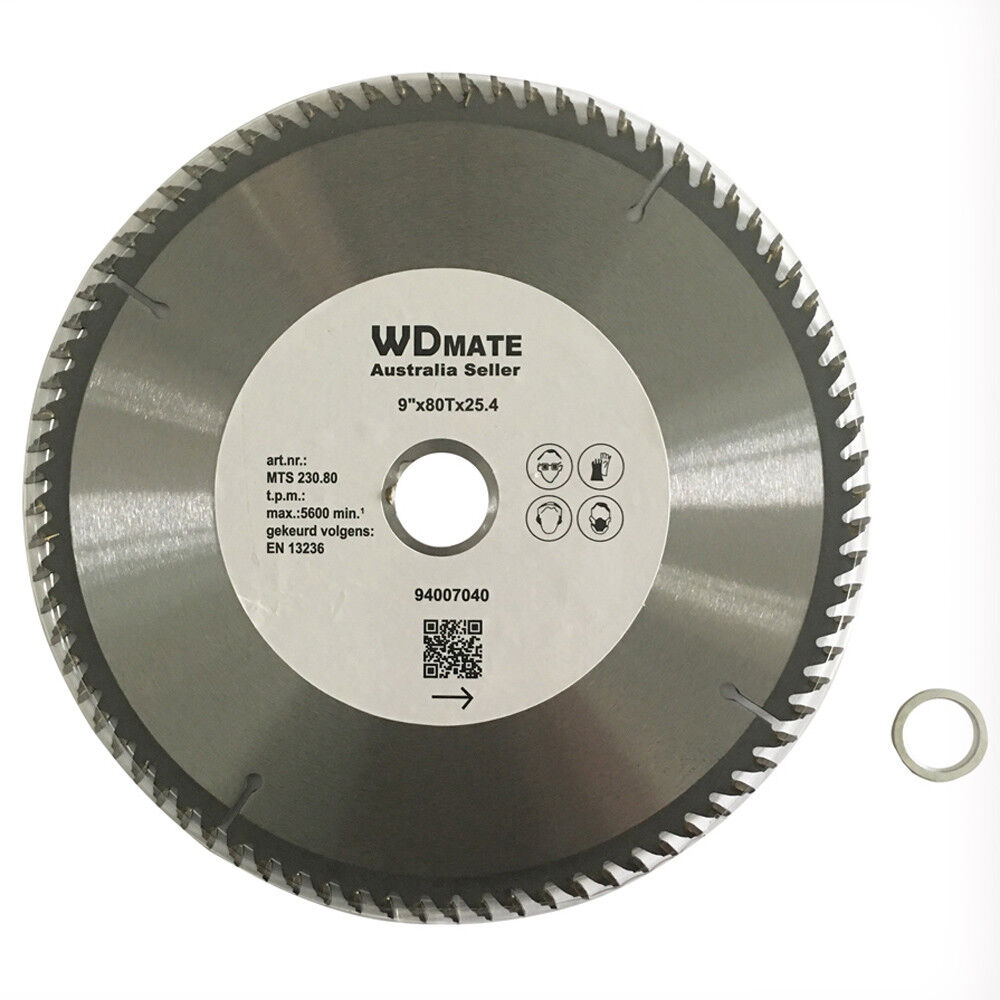 An industrial circular saw blade with sharp, pointed teeth is shown. The 230mm 80T TCT Circular Saw Blade Cutting DISC 9" 25.4/20 1.8mm Aluminium Plastic has a central label with text "WDMATE Australia Seller" and specifications. A smaller metal washer is placed next to it on a white background, ideal for aluminium cutting projects.