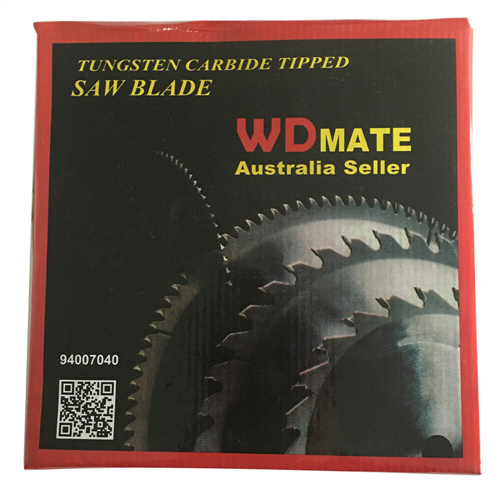 An industrial circular saw blade with sharp, pointed teeth is shown. The 230mm 80T TCT Circular Saw Blade Cutting DISC 9" 25.4/20 1.8mm Aluminium Plastic has a central label with text "WDMATE Australia Seller" and specifications. A smaller metal washer is placed next to it on a white background, ideal for aluminium cutting projects.