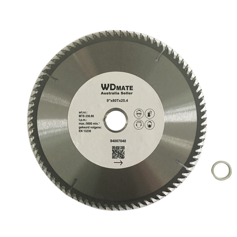 An industrial circular saw blade with sharp, pointed teeth is shown. The 230mm 80T TCT Circular Saw Blade Cutting DISC 9" 25.4/20 1.8mm Aluminium Plastic has a central label with text "WDMATE Australia Seller" and specifications. A smaller metal washer is placed next to it on a white background, ideal for aluminium cutting projects.