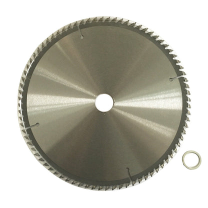 An industrial circular saw blade with sharp, pointed teeth is shown. The 230mm 80T TCT Circular Saw Blade Cutting DISC 9" 25.4/20 1.8mm Aluminium Plastic has a central label with text "WDMATE Australia Seller" and specifications. A smaller metal washer is placed next to it on a white background, ideal for aluminium cutting projects.