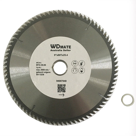 A circular saw blade with the brand name "3x Saw Blade Cutting DISC 230mm 80T 9" TCT Circular 25.4 Alloy Plastic TCG Sharp" printed on it stands out with its tungsten carbide saw teeth around the edge and a central hole. Ideal for precision, this aluminum cutting blade comes with a smaller loose ring beside it.