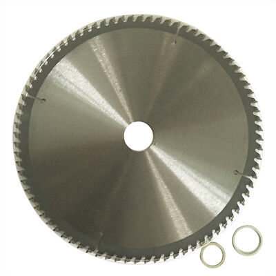 A circular saw blade designed for aluminium cutting with 80 teeth, labeled "250mm 80T Alloy Plastic Circular Saw Blade Cutting Disc 2.0mm 10" TCG 30/25.4mm" in the center. The blade's specifications including diameter (10”), bore size (30mm), and maximum speed (5500 RPM) are printed around the middle. Two circular washers are placed beside the blade.