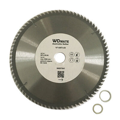 A circular saw blade designed for aluminium cutting with 80 teeth, labeled "250mm 80T Alloy Plastic Circular Saw Blade Cutting Disc 2.0mm 10" TCG 30/25.4mm" in the center. The blade's specifications including diameter (10”), bore size (30mm), and maximum speed (5500 RPM) are printed around the middle. Two circular washers are placed beside the blade.