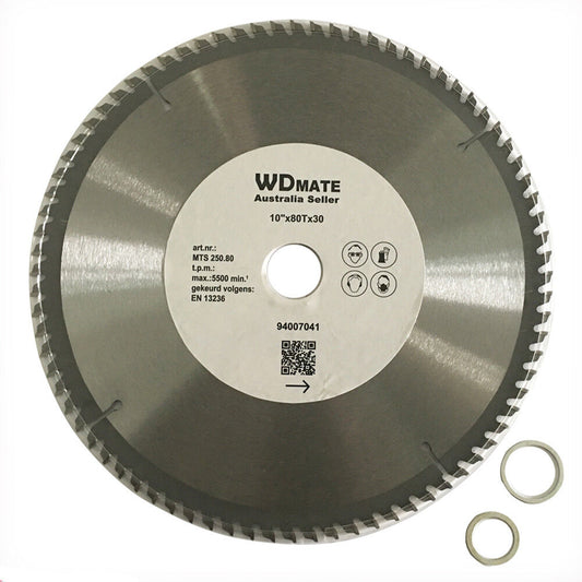 2x 250mm 80T Circular Saw Blade Cutting Disc TCG Sharp Alloy Plastic 20/25/30mm with the label "WDMATE Australia Seller" in the center. The tungsten carbide tipped blade boasts numerous teeth around its edge, ideal for aluminum and plastic cutting. Two washers are placed near the bottom right of the image. Specifications and a QR code are visible on the central label.