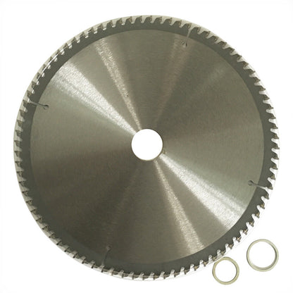 2x 250mm 80T Circular Saw Blade Cutting Disc TCG Sharp Alloy Plastic 20/25/30mm with the label "WDMATE Australia Seller" in the center. The tungsten carbide tipped blade boasts numerous teeth around its edge, ideal for aluminum and plastic cutting. Two washers are placed near the bottom right of the image. Specifications and a QR code are visible on the central label.