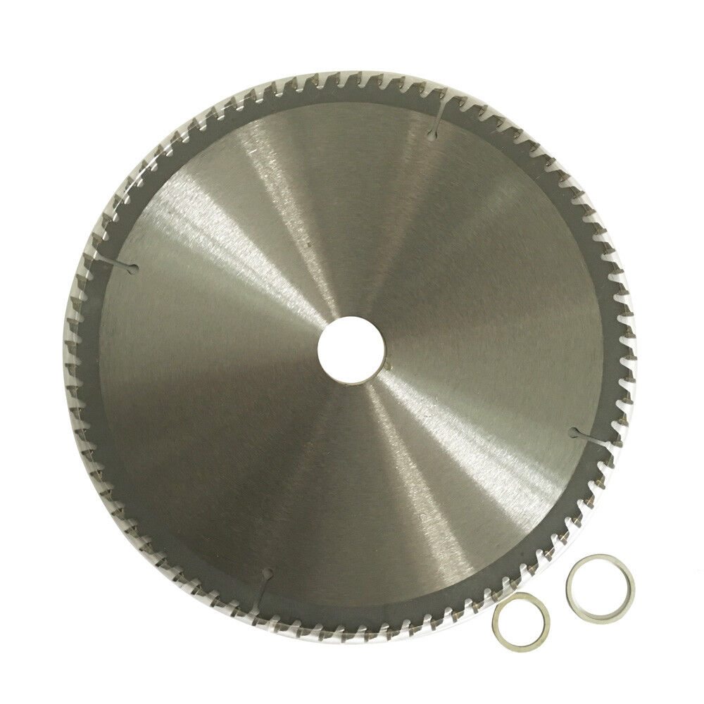 2x 250mm 80T Circular Saw Blade Cutting Disc TCG Sharp Alloy Plastic 20/25/30mm with the label "WDMATE Australia Seller" in the center. The tungsten carbide tipped blade boasts numerous teeth around its edge, ideal for aluminum and plastic cutting. Two washers are placed near the bottom right of the image. Specifications and a QR code are visible on the central label.