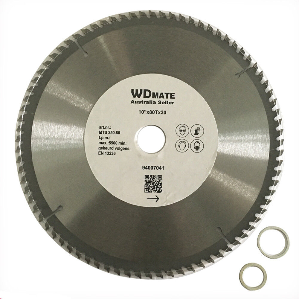 3x Alloy Plastic Circular Saw Blade 250mm 80T Cutting Disc 20/25.4/30mm TCGSharp with 80 tungsten carbide tipped teeth and a diameter of 10 inches from WDMATE, marked "Australia Seller." Ideal for aluminum cutting, the blade features a central hole for mounting and includes two circular washers. The label offers technical specifications and a QR code.