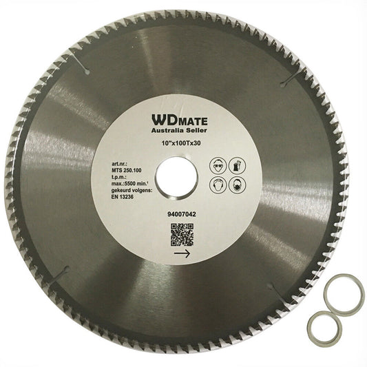 A circular saw blade labeled "250mm Aluminium Plastic Circular Saw Blade Saw Cutting Disc 100T 10" 30/25.4TCT," displaying specifications: 10"x100TX30, art.nr.: MTS 250.100, and max 5500 min-1. The tungsten carbide tipped blade with sharp teeth is ideal for aluminium plastic cutting. Two metal washers are placed next to the blade.