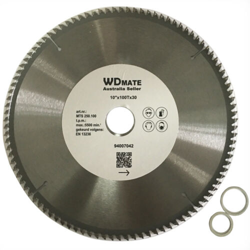 A circular saw blade labeled "2x 250mm 100T 30mm Cutting Disc PlasticAluminium Circular Saw Blade TCT 10\"TCG" with Tungsten carbide tipped specifications: 10"x100TX30, along with various icons indicating usage and standards. The background is white, and the blade, ideal for Aluminium plastic cutting, is accompanied by two small metal rings.