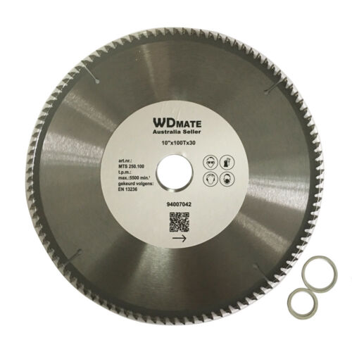 A circular saw blade labeled "2x 250mm 100T 30mm Cutting Disc PlasticAluminium Circular Saw Blade TCT 10\"TCG" with Tungsten carbide tipped specifications: 10"x100TX30, along with various icons indicating usage and standards. The background is white, and the blade, ideal for Aluminium plastic cutting, is accompanied by two small metal rings.