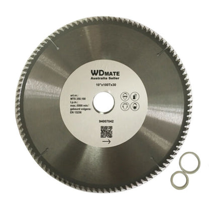 A circular saw blade labeled "2x 250mm 100T 30mm Cutting Disc PlasticAluminium Circular Saw Blade TCT 10\"TCG" with Tungsten carbide tipped specifications: 10"x100TX30, along with various icons indicating usage and standards. The background is white, and the blade, ideal for Aluminium plastic cutting, is accompanied by two small metal rings.