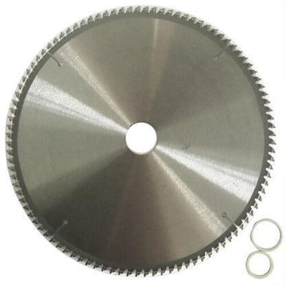 A circular saw blade labeled "2x 250mm 100T 30mm Cutting Disc PlasticAluminium Circular Saw Blade TCT 10\"TCG" with Tungsten carbide tipped specifications: 10"x100TX30, along with various icons indicating usage and standards. The background is white, and the blade, ideal for Aluminium plastic cutting, is accompanied by two small metal rings.