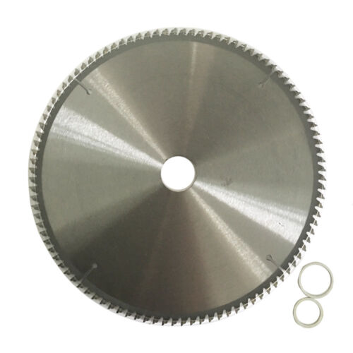 A circular saw blade labeled "2x 250mm 100T 30mm Cutting Disc PlasticAluminium Circular Saw Blade TCT 10\"TCG" with Tungsten carbide tipped specifications: 10"x100TX30, along with various icons indicating usage and standards. The background is white, and the blade, ideal for Aluminium plastic cutting, is accompanied by two small metal rings.