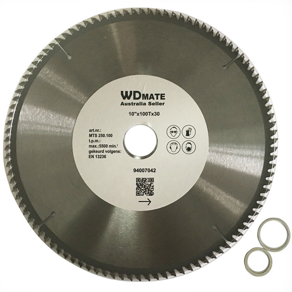 Image of a circular saw blade labeled "Plastic Aluminium Cutting 300mm 80T Circular Saw Blade TCT Wheel 12\" 30/25.4mm" with the specifications 10"x100Tx30, MTS 250.100, and a maximum RPM of 5500. The tungsten carbide tipped blade has a metallic appearance with sharp teeth around the edge, suitable for aluminium cutting. Two metal washer rings are placed next to the blade.