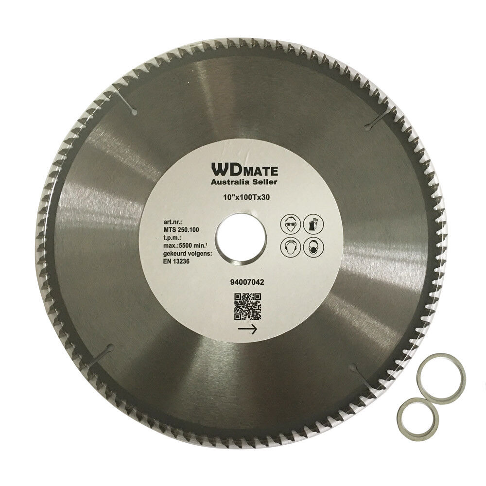 Image of a circular saw blade labeled "Plastic Aluminium Cutting 300mm 80T Circular Saw Blade TCT Wheel 12\" 30/25.4mm" with the specifications 10"x100Tx30, MTS 250.100, and a maximum RPM of 5500. The tungsten carbide tipped blade has a metallic appearance with sharp teeth around the edge, suitable for aluminium cutting. Two metal washer rings are placed next to the blade.