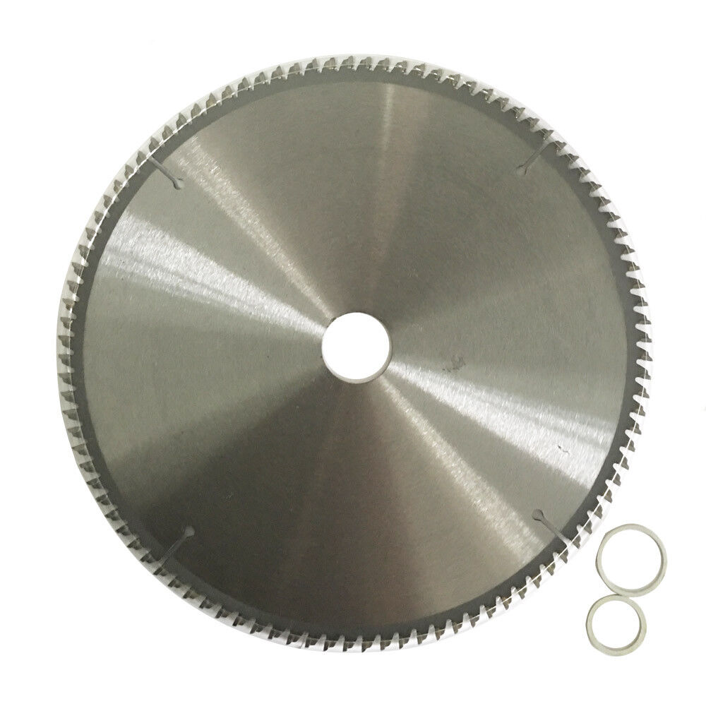 Image of a circular saw blade labeled "Plastic Aluminium Cutting 300mm 80T Circular Saw Blade TCT Wheel 12\" 30/25.4mm" with the specifications 10"x100Tx30, MTS 250.100, and a maximum RPM of 5500. The tungsten carbide tipped blade has a metallic appearance with sharp teeth around the edge, suitable for aluminium cutting. Two metal washer rings are placed next to the blade.