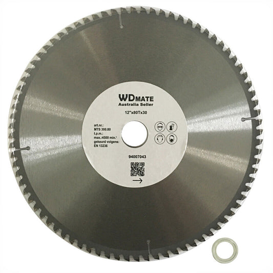 A 4x Cutting Saw Blade 300mm 80T TCT Wheel 12" Plastic 30/25.4mm Alloy WEIDA Wood with specifications "12"-80Tx30" and "MTS-100-80" printed on the center hub. Designed with angled teeth for efficient aluminium cutting, it includes a small washer and a QR code on the label.