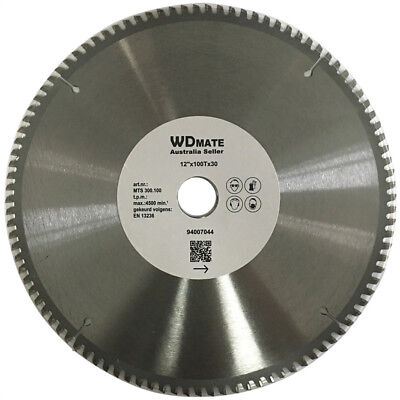 A Cutting Disc 12" 300mm 100T Circular Saw Blade 2mm30/25.4 TCG Aluminium Plastic labeled "WDMATE Australian Seller" with specifications such as MTS 305, 100t, 12'' x100T x1''30, and a max speed of 4800 RPM. Ideal for aluminium cutting or plastic cutting, the blade features evenly spaced teeth around the edge and a central hole for mounting.