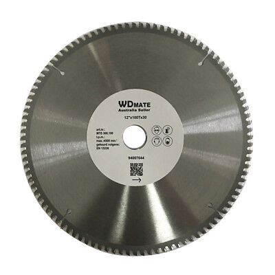 A Cutting Disc 12" 300mm 100T Circular Saw Blade 2mm30/25.4 TCG Aluminium Plastic labeled "WDMATE Australian Seller" with specifications such as MTS 305, 100t, 12'' x100T x1''30, and a max speed of 4800 RPM. Ideal for aluminium cutting or plastic cutting, the blade features evenly spaced teeth around the edge and a central hole for mounting.