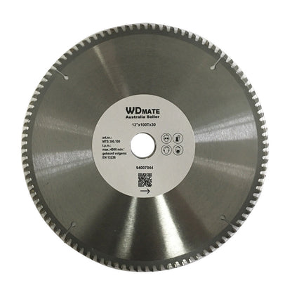 A 2x Cutting Disc 12" 300mm 100T Circular Saw Blade 30/25.4mm Aluminium Plastic with a shiny metal surface and serrated edges. The center has a white label containing text and icons, including the brand "WDMATE" and specifications such as "12’’ x 100T x 1.20." This tungsten carbide tipped blade is ideal for aluminium cutting. The background is plain white.