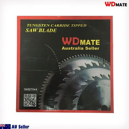 A 2x Cutting Disc 12" 300mm 100T Circular Saw Blade 30/25.4mm Aluminium Plastic with a shiny metal surface and serrated edges. The center has a white label containing text and icons, including the brand "WDMATE" and specifications such as "12’’ x 100T x 1.20." This tungsten carbide tipped blade is ideal for aluminium cutting. The background is plain white.