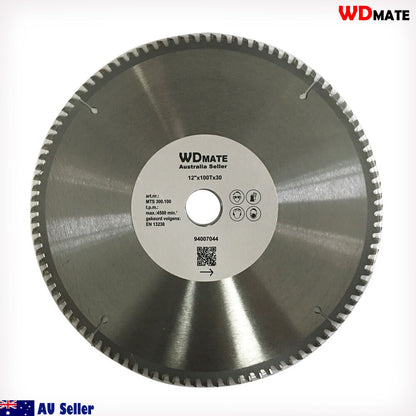 A 2x Cutting Disc 12" 300mm 100T Circular Saw Blade 30/25.4mm Aluminium Plastic with a shiny metal surface and serrated edges. The center has a white label containing text and icons, including the brand "WDMATE" and specifications such as "12’’ x 100T x 1.20." This tungsten carbide tipped blade is ideal for aluminium cutting. The background is plain white.