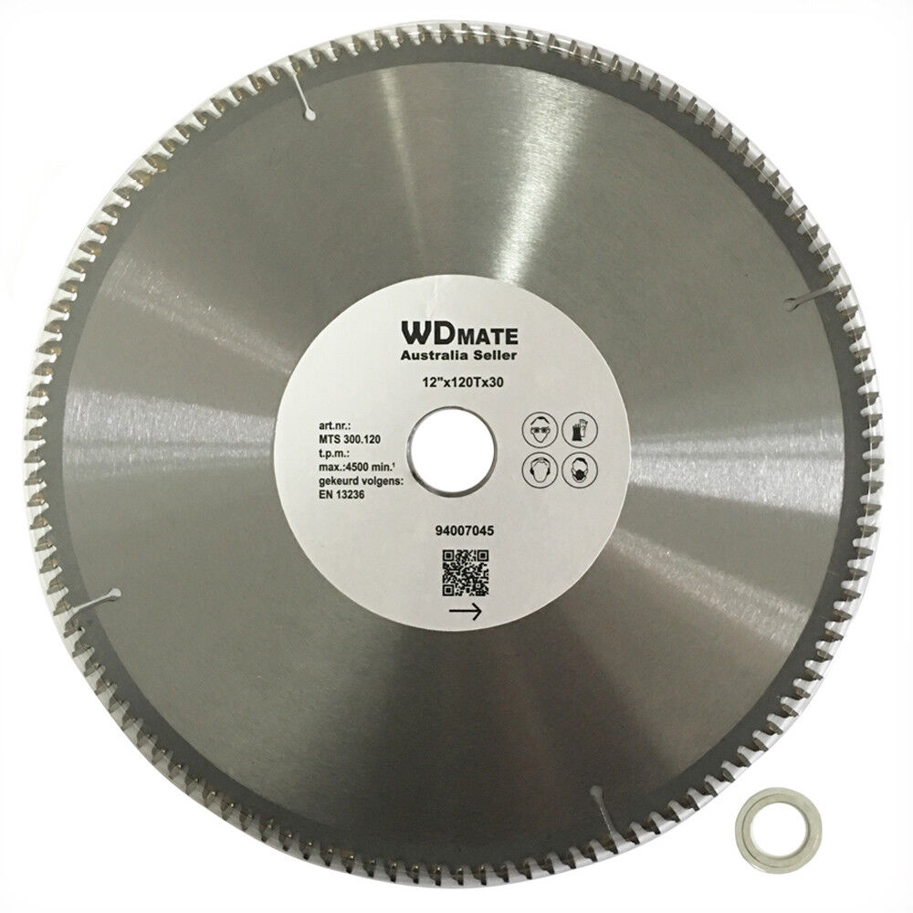 An "Aluminium Plastic Circular Saw Blade Cutting Disc 12" 300mm 2.0 120T 30/25.4 TCG," labeled "Australia Seller," is designed for aluminium cutting. The 12-inch diameter blade features 120 tungsten carbide tipped teeth and includes detailed specifications and safety icons. A separate metal washer is shown beside the blade.