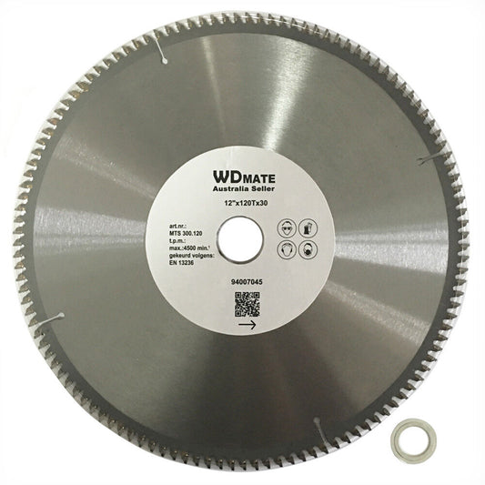 An "Aluminium Plastic Circular Saw Blade Cutting Disc 12" 300mm 2.0 120T 30/25.4 TCG," labeled "Australia Seller," is designed for aluminium cutting. The 12-inch diameter blade features 120 tungsten carbide tipped teeth and includes detailed specifications and safety icons. A separate metal washer is shown beside the blade.