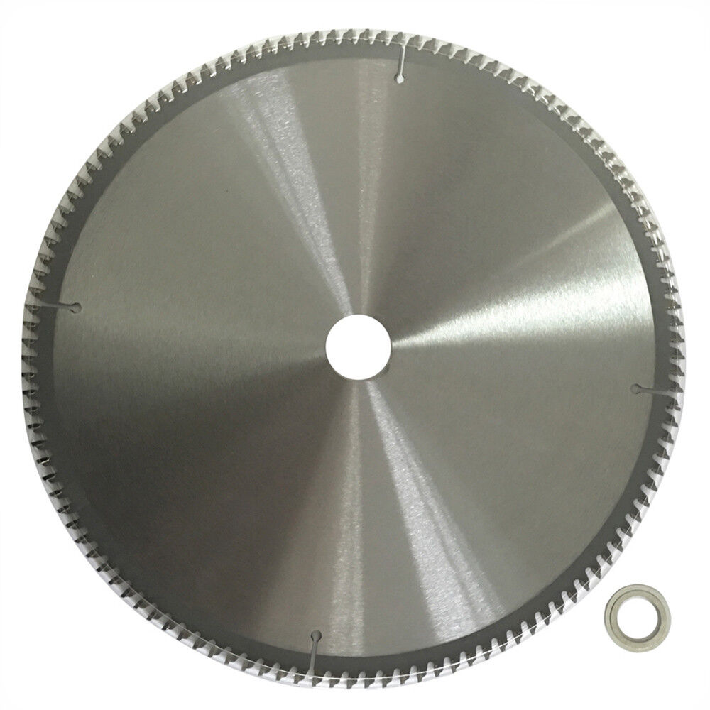 An "Aluminium Plastic Circular Saw Blade Cutting Disc 12" 300mm 2.0 120T 30/25.4 TCG," labeled "Australia Seller," is designed for aluminium cutting. The 12-inch diameter blade features 120 tungsten carbide tipped teeth and includes detailed specifications and safety icons. A separate metal washer is shown beside the blade.