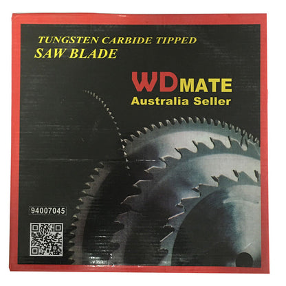 An "Aluminium Plastic Circular Saw Blade Cutting Disc 12" 300mm 2.0 120T 30/25.4 TCG," labeled "Australia Seller," is designed for aluminium cutting. The 12-inch diameter blade features 120 tungsten carbide tipped teeth and includes detailed specifications and safety icons. A separate metal washer is shown beside the blade.