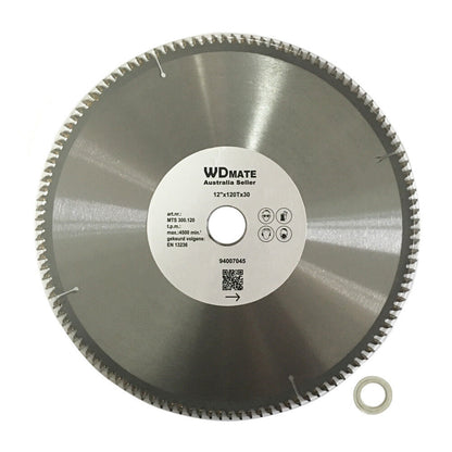 An "Aluminium Plastic Circular Saw Blade Cutting Disc 12" 300mm 2.0 120T 30/25.4 TCG," labeled "Australia Seller," is designed for aluminium cutting. The 12-inch diameter blade features 120 tungsten carbide tipped teeth and includes detailed specifications and safety icons. A separate metal washer is shown beside the blade.