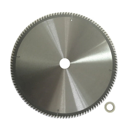 An "Aluminium Plastic Circular Saw Blade Cutting Disc 12" 300mm 2.0 120T 30/25.4 TCG," labeled "Australia Seller," is designed for aluminium cutting. The 12-inch diameter blade features 120 tungsten carbide tipped teeth and includes detailed specifications and safety icons. A separate metal washer is shown beside the blade.