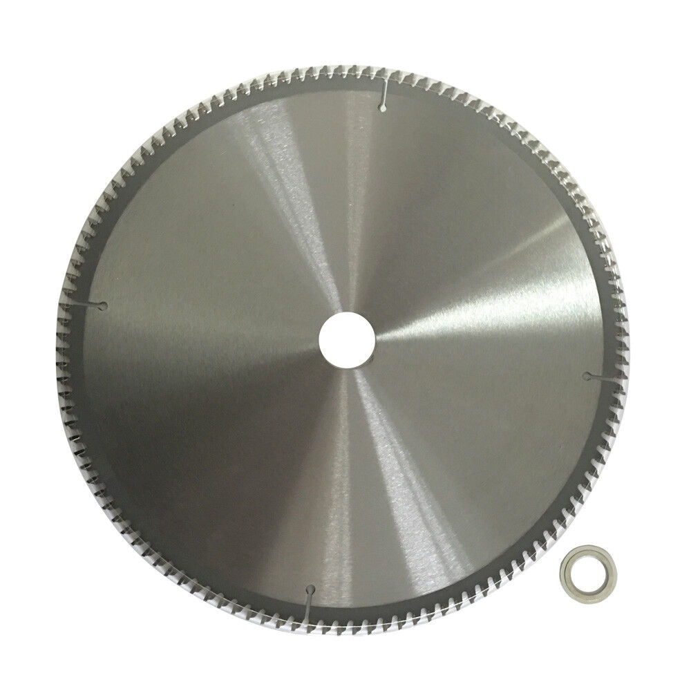 A 2x Circular Aluminium Plastic Saw Blade Cutting Disc 12" 300mm 120T 30/25.4 TCG with sharp, evenly spaced teeth along the edge, ideal for aluminium cutting. The WDMATE Australia Seller blade is tungsten carbide tipped and displays specifications including diameter, bore size, and usage instructions. A small metal ring is placed next to the blade.