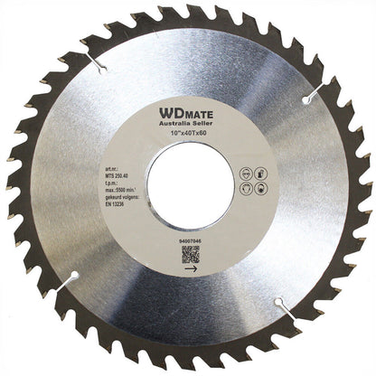 A Wood Cutting Circular Saw Blade 250mm 40T 10” Wheel Hole60 TCT Cross Disc Timber labeled "WDMATE Australia Seller" with specifications of 10"x40Tx60 is displayed. This tungsten carbide tipped cross cutting wheel features sharp teeth around its edge and a central hole. Product information and safety icons are printed around the hole.