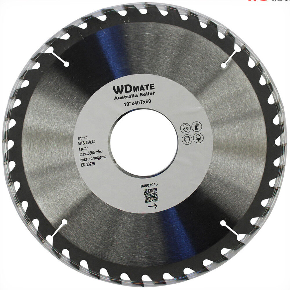 A Wood Cutting Circular Saw Blade 250mm 40T 10” Wheel Hole60 TCT Cross Disc Timber labeled "WDMATE Australia Seller" with specifications of 10"x40Tx60 is displayed. This tungsten carbide tipped cross cutting wheel features sharp teeth around its edge and a central hole. Product information and safety icons are printed around the hole.