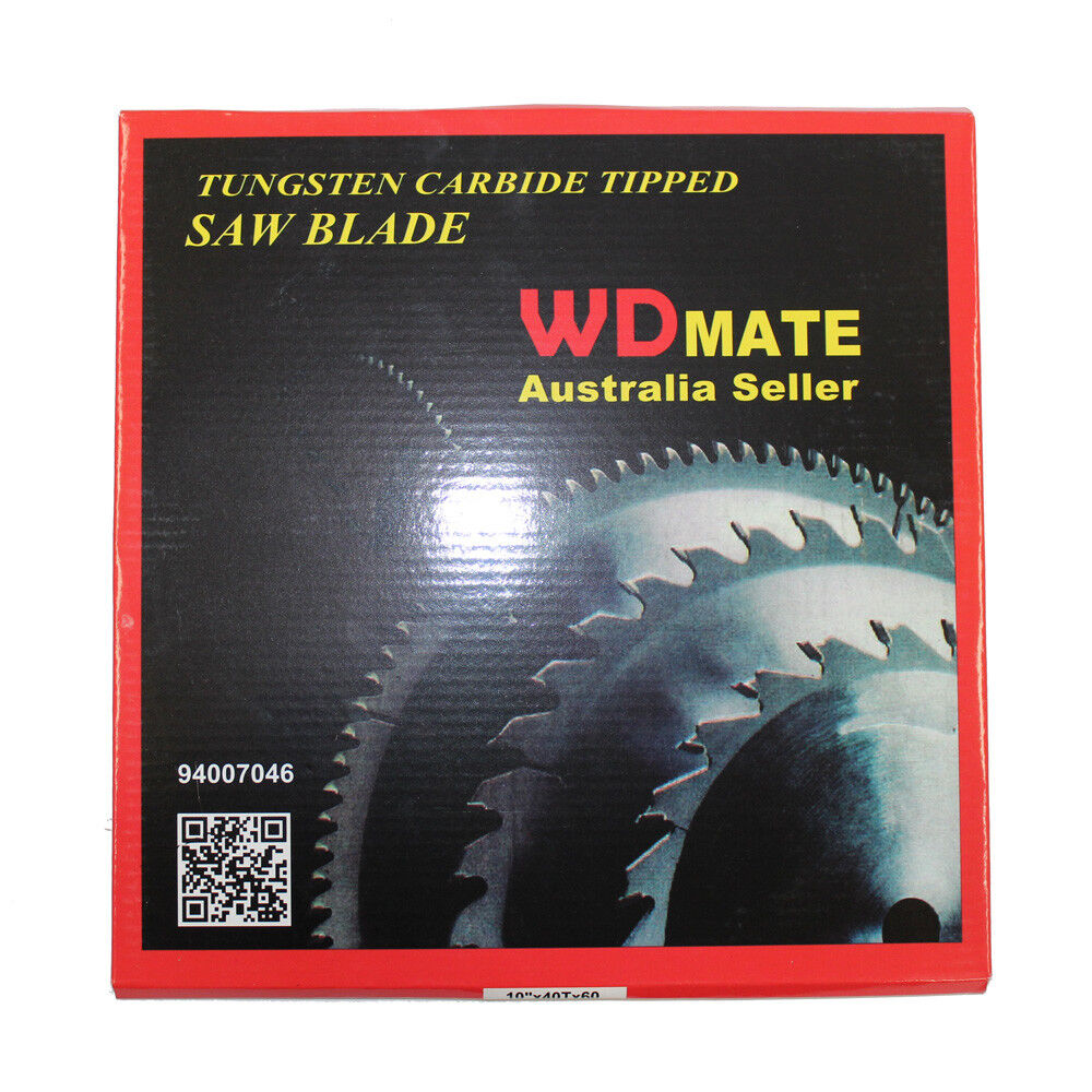 A Wood Cutting Circular Saw Blade 250mm 40T 10” Wheel Hole60 TCT Cross Disc Timber labeled "WDMATE Australia Seller" with specifications of 10"x40Tx60 is displayed. This tungsten carbide tipped cross cutting wheel features sharp teeth around its edge and a central hole. Product information and safety icons are printed around the hole.