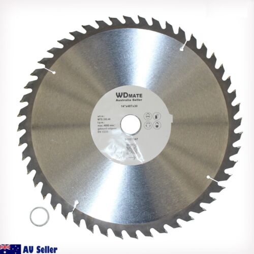 A TCT Circular Saw Blade 14” Wood Cutting 350mm 48T 30mm Timer ATB with sharp, evenly spaced teeth around its edge, designed for wood cutting. The metallic blade features a label in the center that reads "WDMATE Australia Seller 14", 78T, 30." Tungsten carbide tipped for durability, it includes a small metal ring near an "AU Seller" logo.