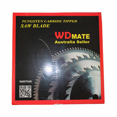 A 400mm 48T Wood Cutting Circular Saw Blade ATB 2.2*16" Cross 30/25.4mm Timber TCT with numerous sharp teeth around its edge is shown. The blade, ideal for cross-cutting tasks, has a label at its center with text including "WD Mate" and technical specifications. Beside the tungsten carbide tipped saw blade on the left side lies a small circular ring.