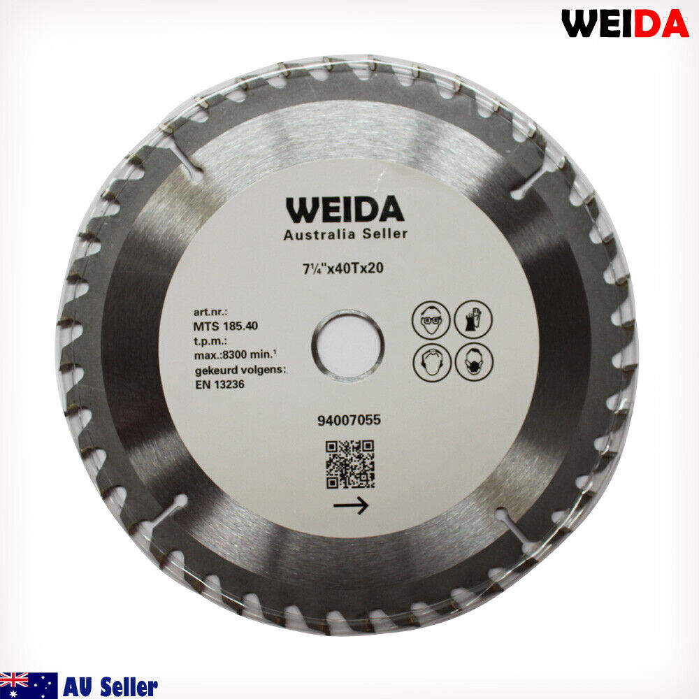 A 2x 185mm Wood Circular Saw Blade Cutting Disc 7-1/4” 40T Bore 20/16mm 2.2mm Kerf with a silver body and serrated edge is displayed against a white background. The blade, labeled "WEIDA," features specifications like "7 1/4" x 40T x 20." It is tungsten carbide tipped and includes a QR code and icons related to its usage and certifications.