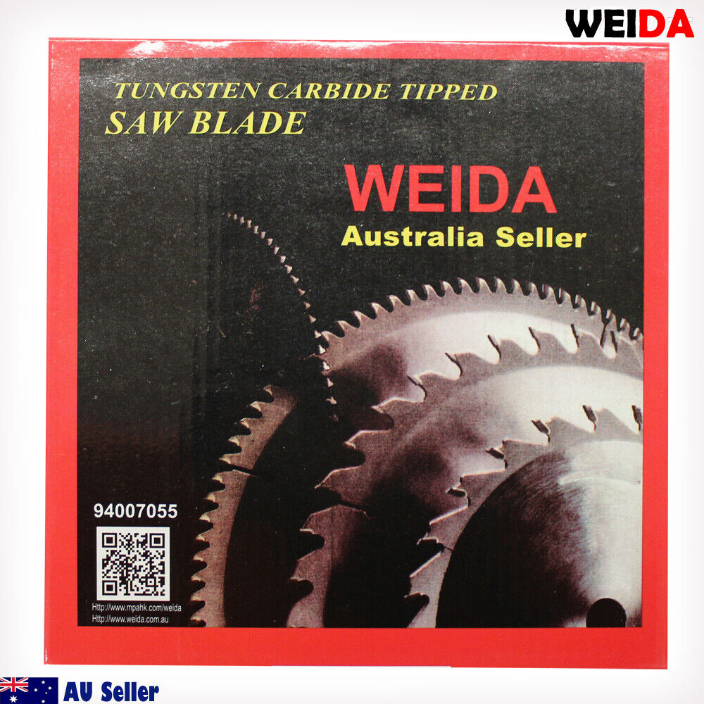 A 2x 185mm Wood Circular Saw Blade Cutting Disc 7-1/4” 40T Bore 20/16mm 2.2mm Kerf with a silver body and serrated edge is displayed against a white background. The blade, labeled "WEIDA," features specifications like "7 1/4" x 40T x 20." It is tungsten carbide tipped and includes a QR code and icons related to its usage and certifications.