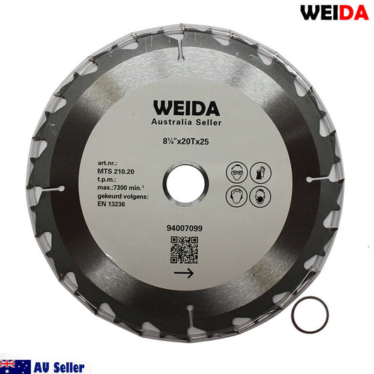 A 210mm Wood Circular Saw Blade Cutting Disc 8-1/4" 40T Bore 35mm K 2.2mm Pro labeled "WEIDA" with specifications including 8¼"x20Tx25" and max 7300/min rpm. The design features alternating teeth around the edge and comes with a small ring accessorized. It’s perfect for cutting sandwich laminate. "AU Seller" and related symbols are visible on the packaging.