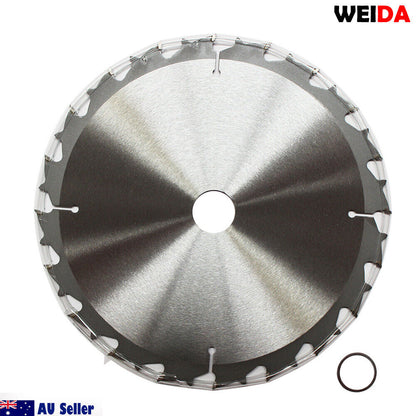 A 2x 210mm Wood Circular Saw Blade Cutting Disc 8-1/4" 40T Bore 35mm K 2.2mm Pro, marked "Australia Seller," measures 8 1/4" (210mm) and features tungsten carbide tipped teeth. The blade displays various specifications and symbols around its center hole, with an additional ring placed nearby.