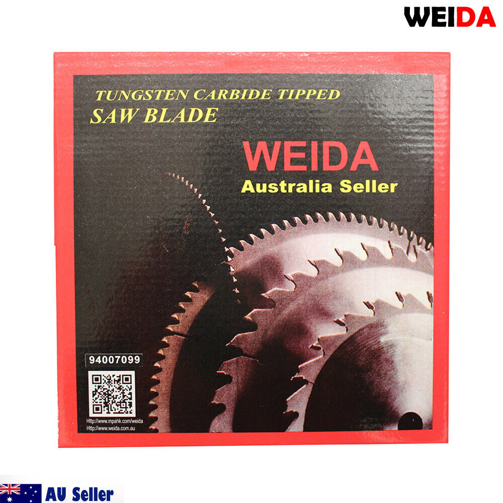 A 2x 210mm Wood Circular Saw Blade Cutting Disc 8-1/4" 40T Bore 35mm K 2.2mm Pro, marked "Australia Seller," measures 8 1/4" (210mm) and features tungsten carbide tipped teeth. The blade displays various specifications and symbols around its center hole, with an additional ring placed nearby.