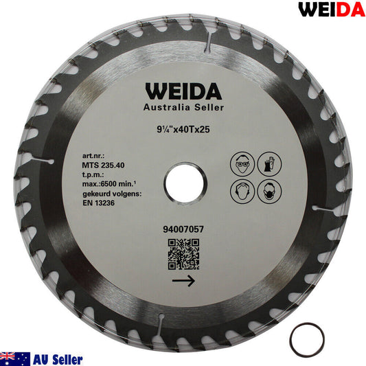 235mm Wood Circular Saw Blade Cutting Disc 9-1/4" 40T Bore 25/22.23mm K 2.5mm with text "WEIDA Australia Seller" at the top center and specifications "9¼"x40Tx25, art.nr: MTS 235.40, t.p.m: max. 6500 min-1, gekeurd volgens EN 13236" around the tungsten carbide tipped blade. Also includes a QR code, "94007057," and Australian and AU