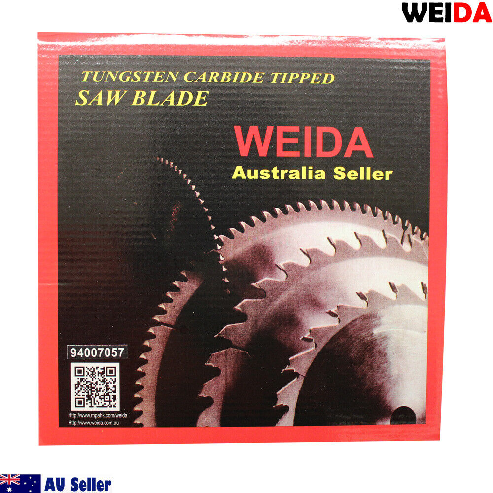 A 2x 235mm Wood Circular Saw Blade Cutting Disc 9-1/4" 40T Bore 25/22.23mm K 2.5mm on a white background. The blade labeled "WEIDA Australia Seller" has measurements 9 1/4" x 40Tx25. It includes technical specifications, a QR code, and certification icons. An "AU Seller" logo is in the bottom left corner with Australian flags.