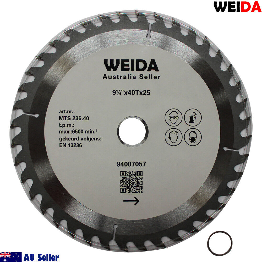 The image shows a 3x 235mm Wood Circular Saw Blade Cutting Disc 9-1/4" 40T Bore 25/22.23mm K 2.5mm with 40 teeth, labeled "WEIDA" and "Australia Seller." It features specifications like "9 1/4”x40Tx25,” "MTS 235.40," "max.6500 min-1," and "EN 13236." There is a QR code, and a blue icon indicates an Australian seller.