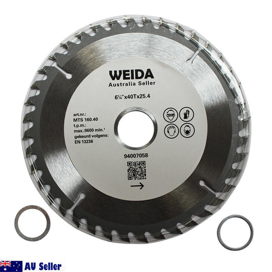 A 2x 160mm 40T Wood Circular Saw Blade Cutting Disc 6-1/4" Bore 25.4/22.2mm K2.5mm labeled "WEIDA" features details for a wood circular saw blade, including item number MTS 160 40 and a maximum speed of 9600 rpm. The cutting disc has a central hole and two additional circular washers, with an "AU Seller" icon in the bottom left corner.