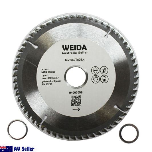 A tungsten carbide tipped circular saw blade labeled "160mm 60T Wood Circular Saw Blade Cutting Disc 6-1/4" Bore 25.4/22.23mm K2.5mm" with specifications "6½"x60Tx25.4". The silver blade features a black and white center, accompanied by two small metal rings. The AU Seller logo and an Australian flag icon are in the bottom left corner. Perfect for precise wood cutting with its 60 teeth design.
